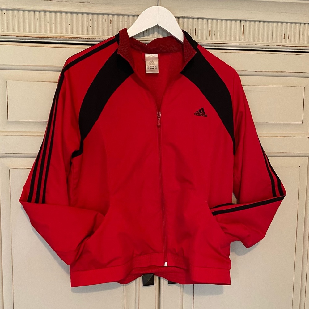 Adidas Full Zip Red Athletic Jacket Pockets Active Wear Wind Breaker Sz Medium
